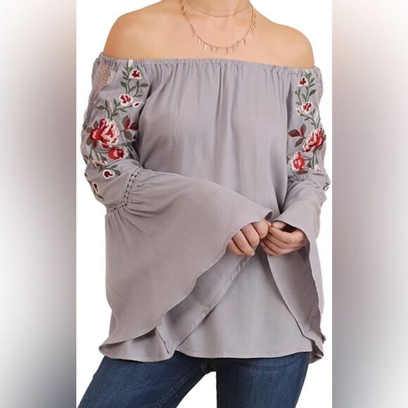 Umgee gray off the Shoulder Top blouse Embroidered Bell Sleeve oversized boho S - Picture 1 of 9